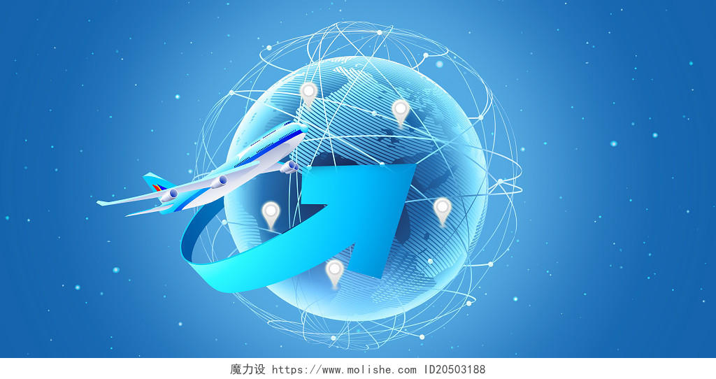 蓝色简约小清新地球飞机箭头定位科技全球定位导航背景